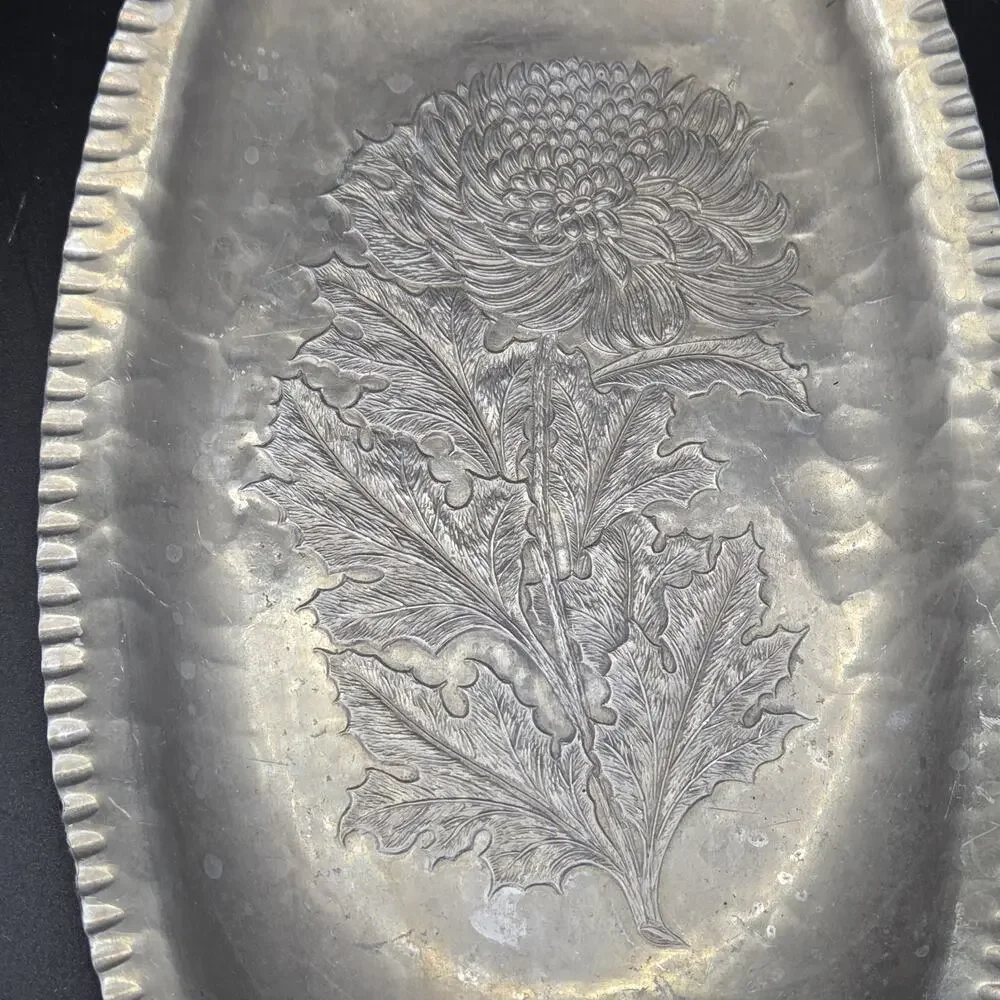Continental Hand Wrought Tray Aluminum Chrysanthemum Trade Mark 566 Vintage